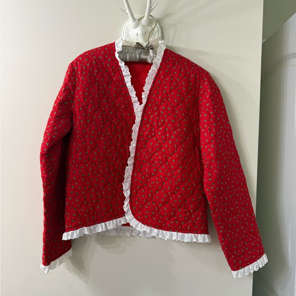 Vintage Red Quilted Women's Jacket with Lace Trim
